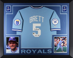 George Brett Autographed Kansas City Royals Signed Majestic Powder Blue Baseball Framed Jersey Hall of Fame HOF 99 Beckett COA-Powers Sports Memorabilia