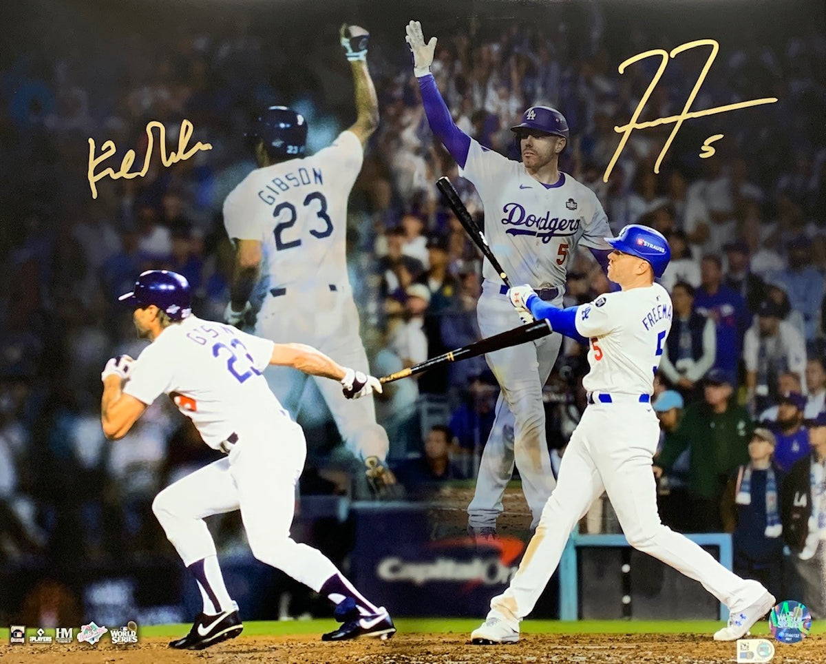 Freddie Freeman and Kirk Gibson Autographed Los Angeles Dodgers World Series Game 1 Grand Slam Signed 16x20 Baseball Photo MLB COA
