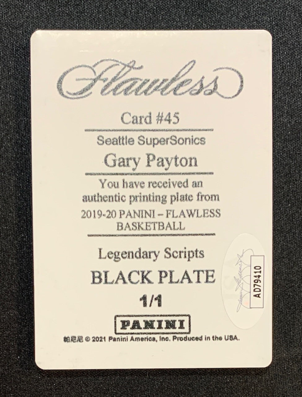 Gary Payton 2019 Panini Flawless Signed Printing Plate Card #45 Auto JSA 1/1-Powers Sports Memorabilia