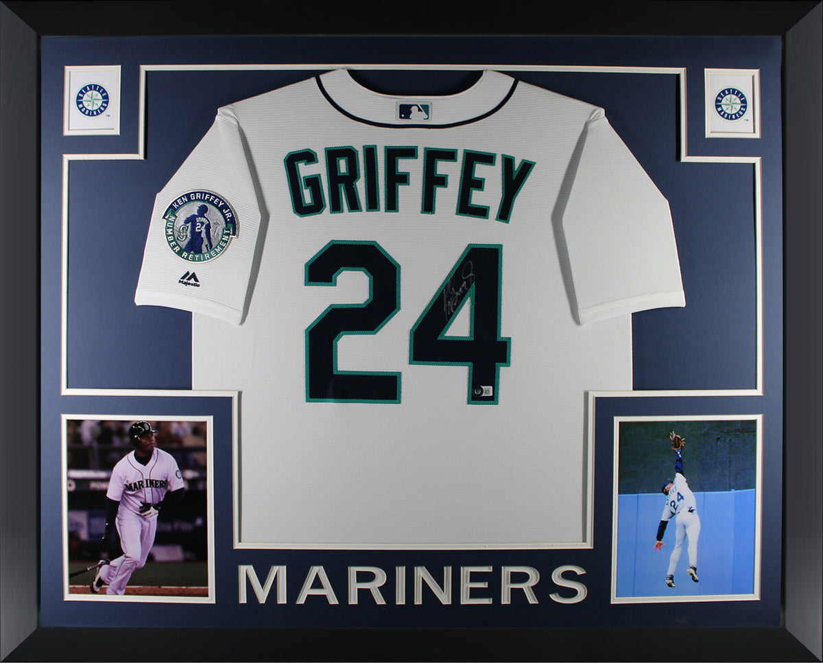 Ken Griffey Jr Autographed Seattle Mariners Signed Retirement Baseball Majestic Framed Jersey Beckett Witness Authenticated