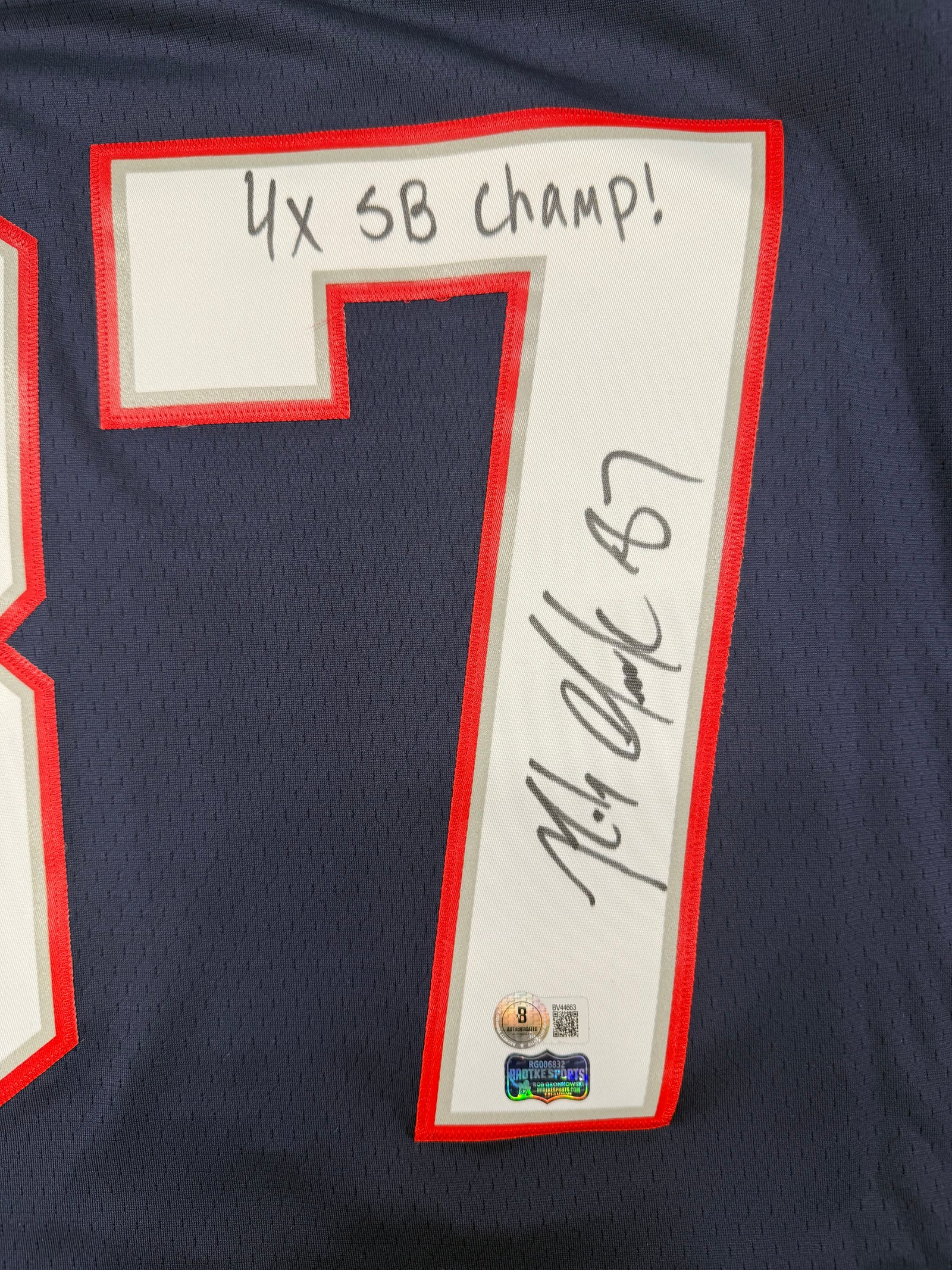 Rob Gronkowski Autographed New England Patriots Signed Mitchell and Ness Football Jersey 4 x Super Bowl Champion Beckett Authenticated COA-Powers Sports Memorabilia