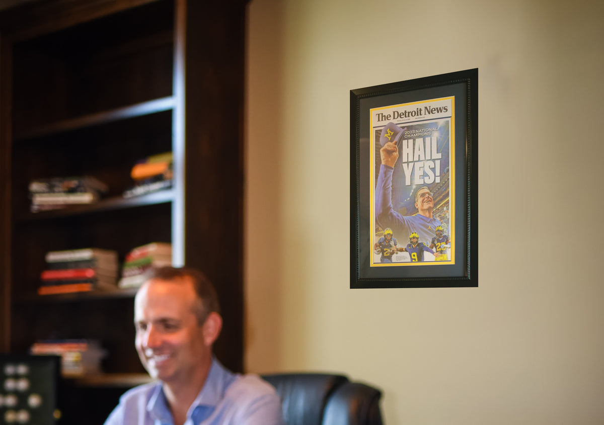 Michigan Wolverines 2024 National Champions HAIL YES Detroit News Framed 14x26 Football Newspaper ORIGINAL-Powers Sports Memorabilia