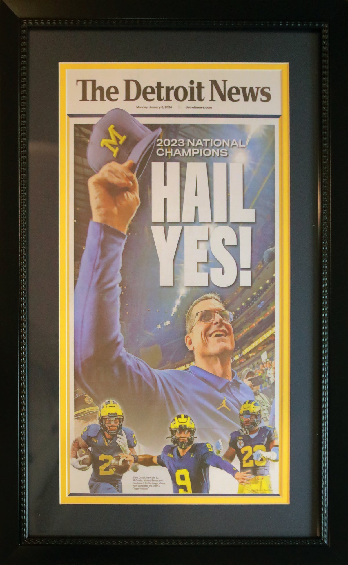 Michigan Wolverines 2024 National Champions HAIL YES Detroit News Framed 14x26 Football Newspaper ORIGINAL-Powers Sports Memorabilia