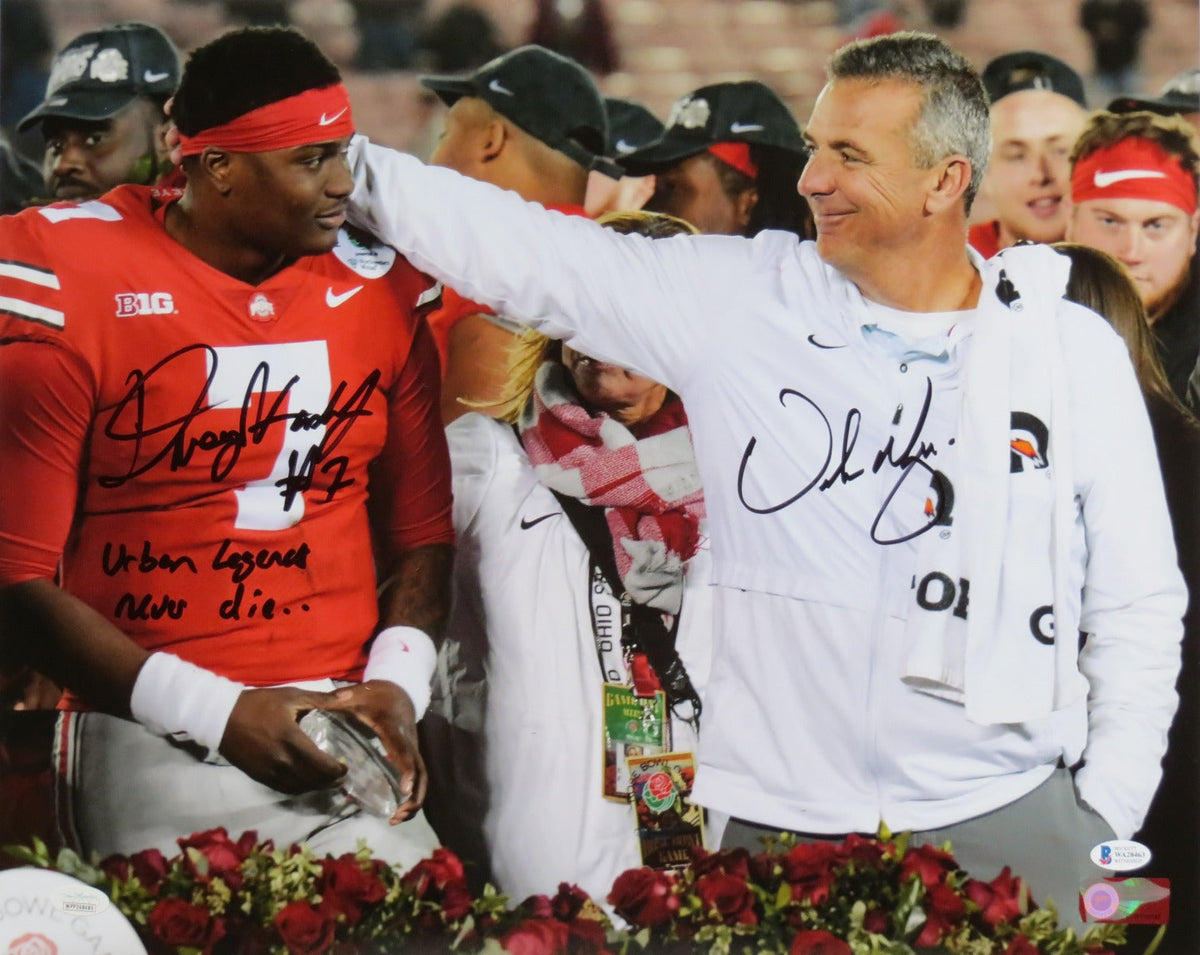 Dwayne Haskins and Urban Meyer Autographed Ohio State Buckeyes 16x20 Photo W/Urban Legends never Die Beckett Authenticated-Powers Sports Memorabilia