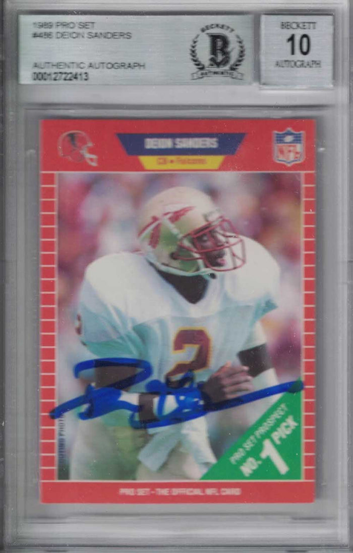 Deion Sanders Signed Dallas Cowboys 1989 Pro Set Rookie Card BAS 10 Slab-Powers Sports Memorabilia