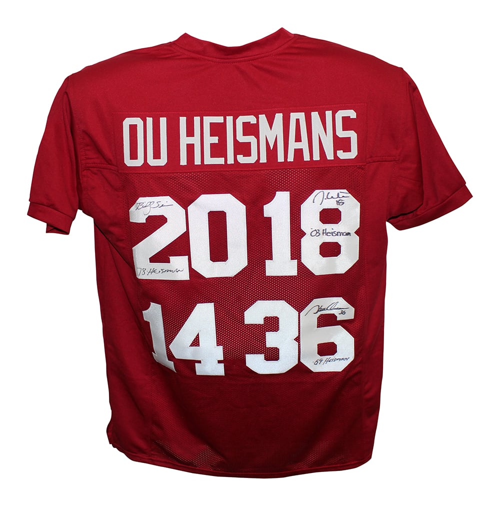 Steve Owens Billy Sims & Jason White Oklahoma Sooners Heisman Signed Jersey - College Style Red XL-Powers Sports Memorabilia
