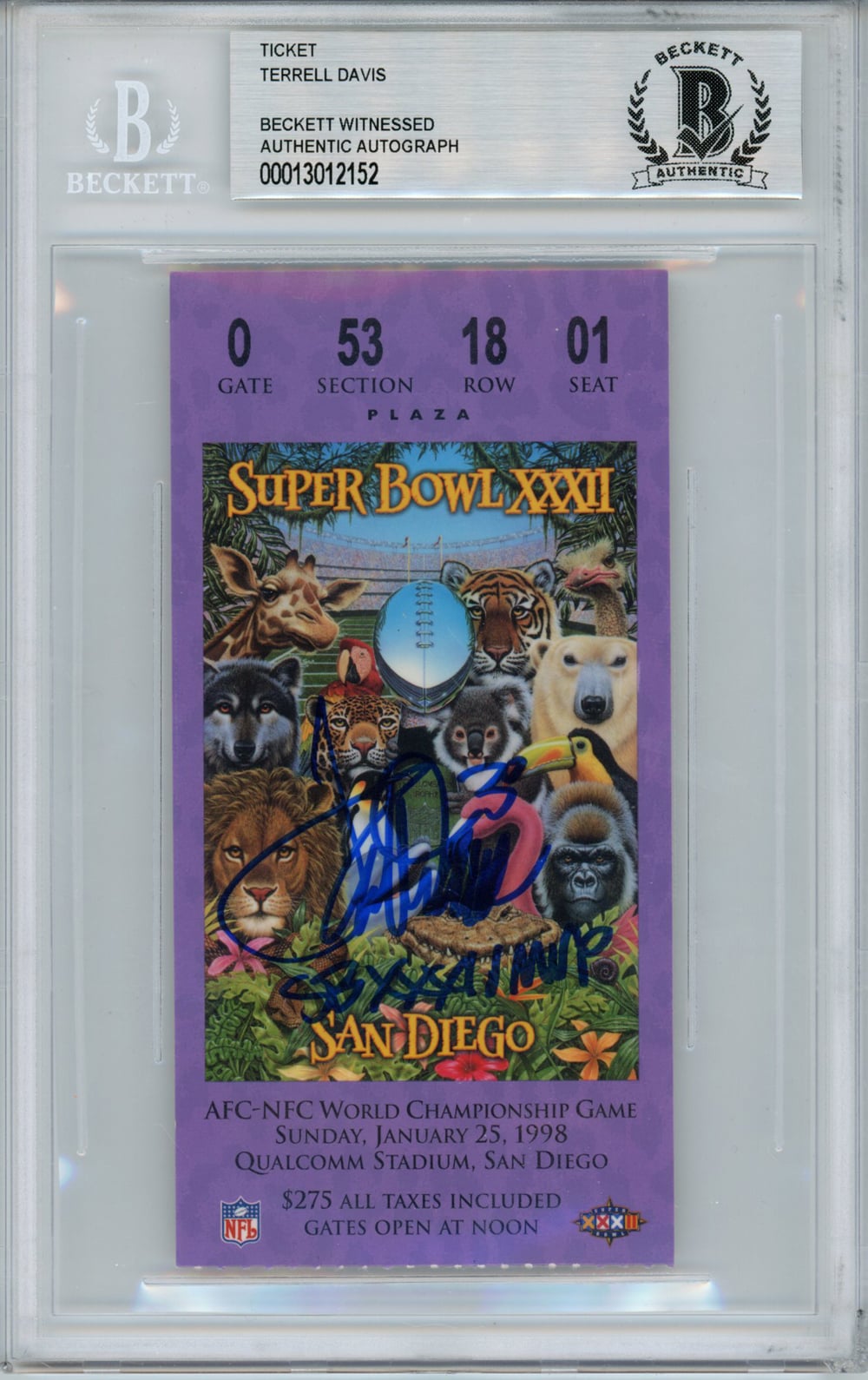Terrell Davis Denver Broncos Signed Card - Super Bowl XXXII Ticket Stub MVP BAS Slab Beckett-Powers Sports Memorabilia