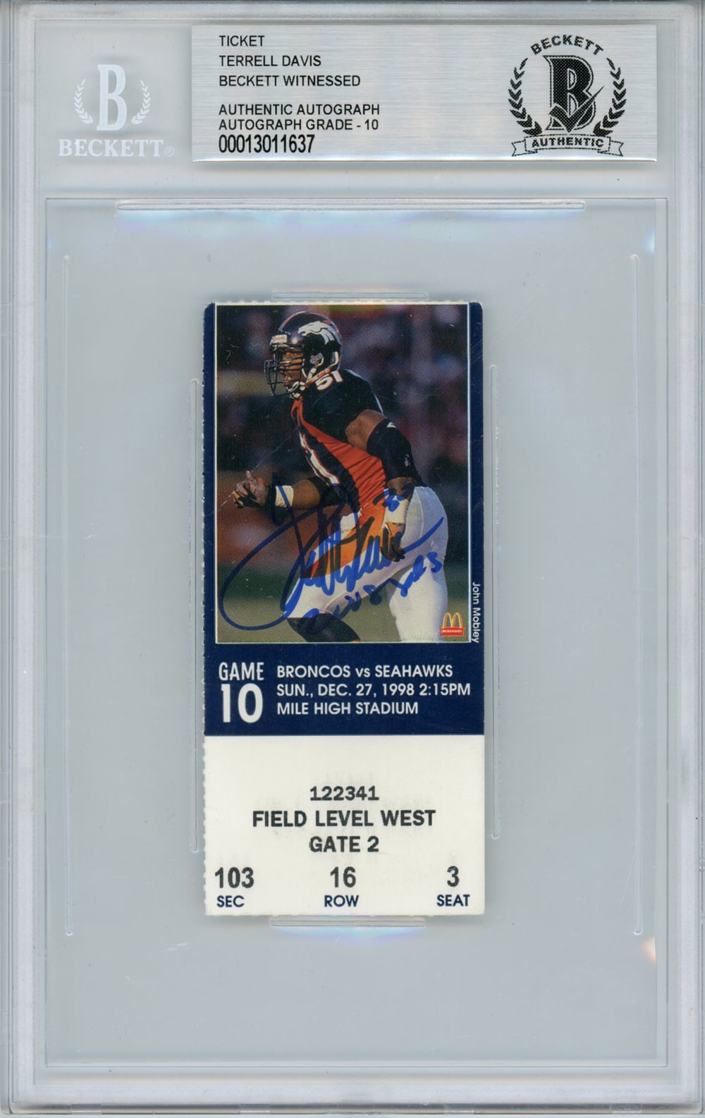 Terrell Davis Denver Broncos 2008 Yards Game Signed Ticket Stub BAS 10 Slab-Powers Sports Memorabilia