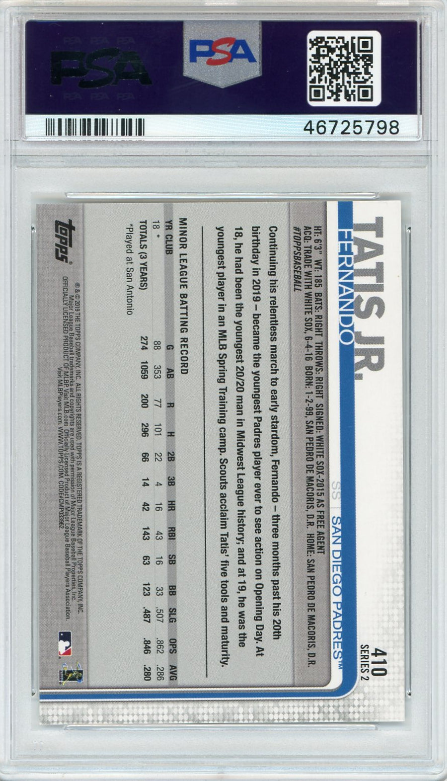 Fernando Tatis Jr 2019 Topps Baseball Rookie Card RC #410 Graded PSA 9 MINT-Powers Sports Memorabilia