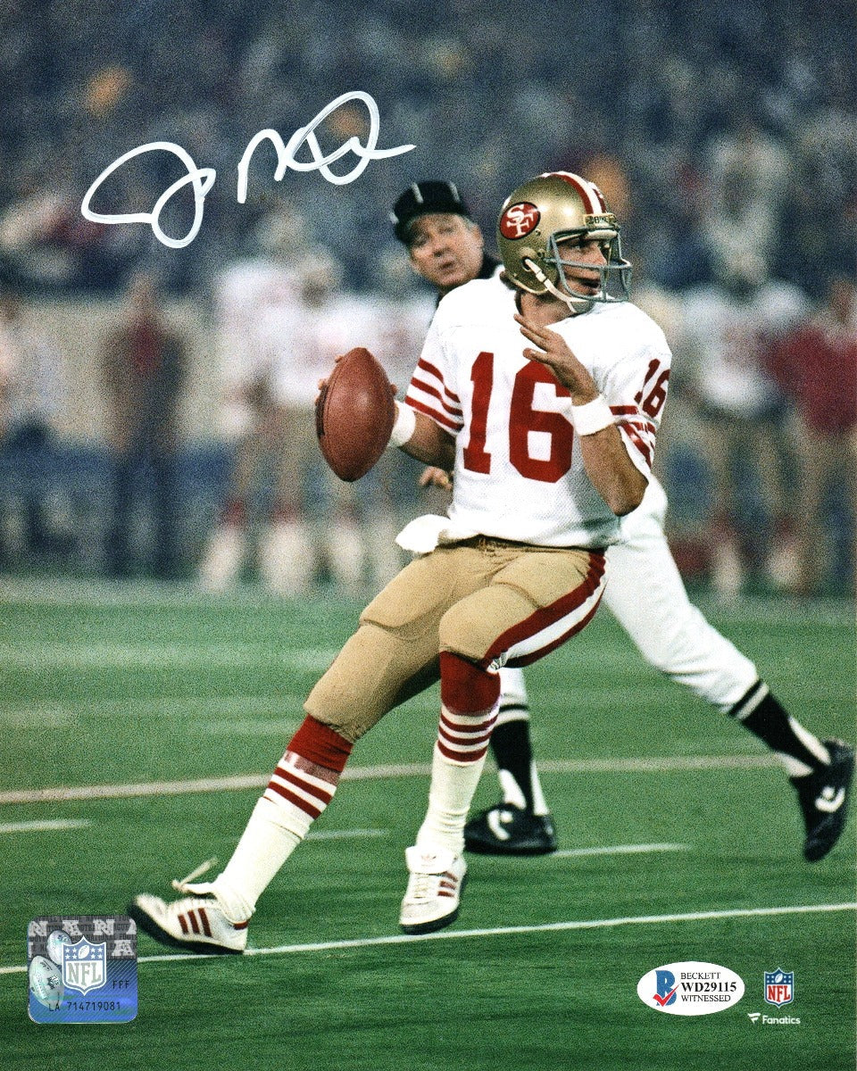 Joe Montana Autographed San Francisco 49ers 8x10 Photo Beckett Witnessed White Jersey-Powers Sports Memorabilia