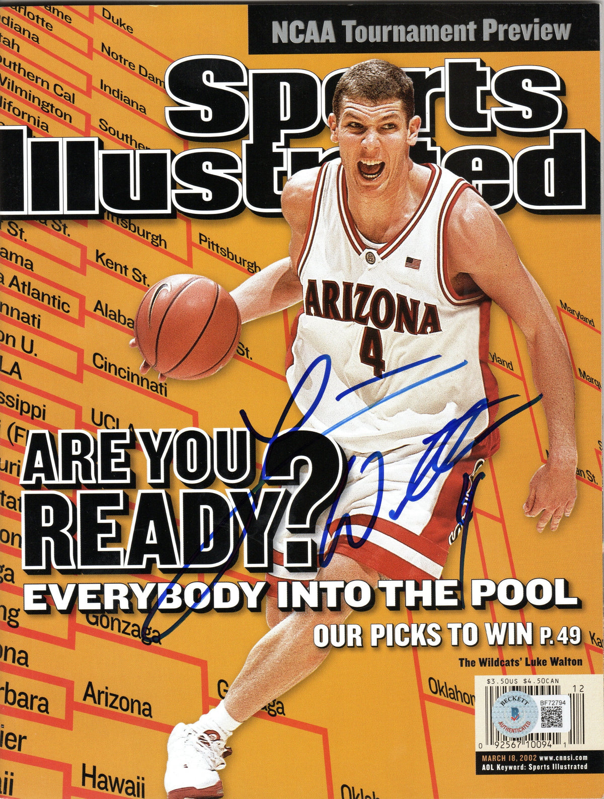 Luke Walton Signed Arizona Wildcats Sports Illustrated 3/18/2002 - Beckett-Powers Sports Memorabilia