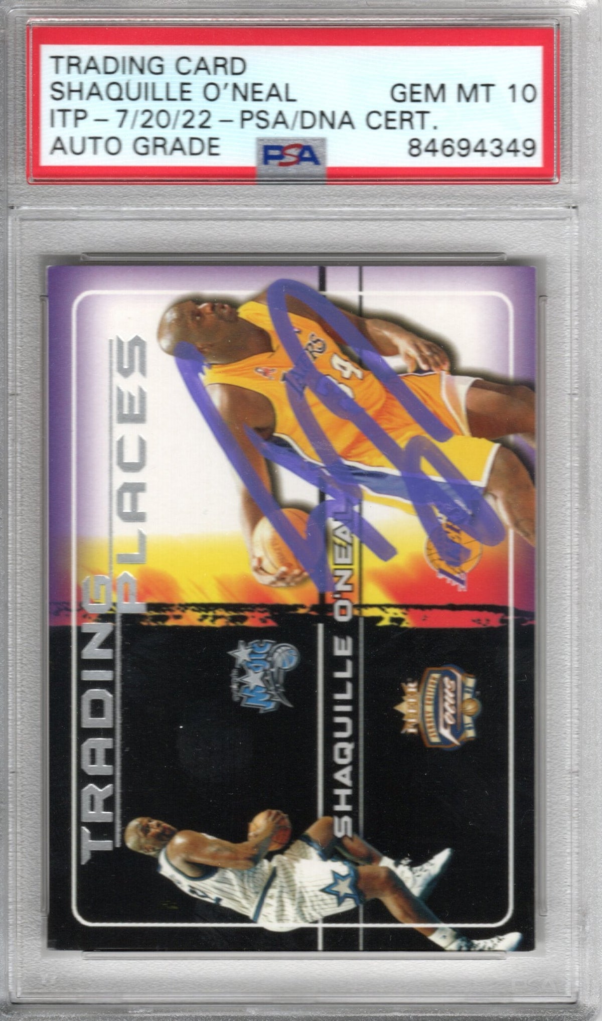 Shaquille O'Neal Signed Magic Lakers Encapsulated 2001 Fleer Trading Places Card PSA/DNA AUTO GRADE GEM MT 10-Powers Sports Memorabilia