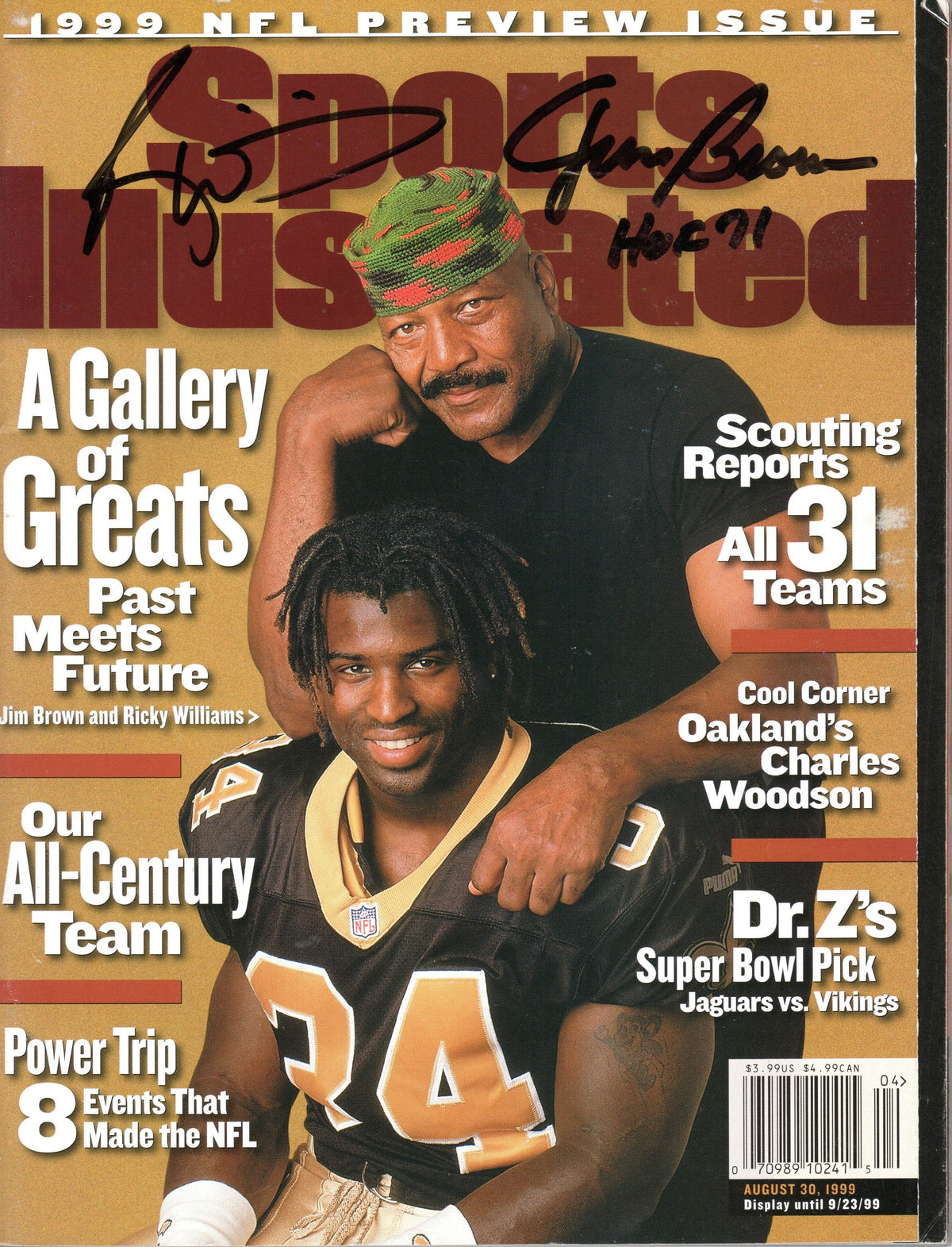 Jim Brown & Ricky Williams Signed Cleveland Browns 1999 NFL Preview Sports Illustrated 8/30/99 W/ HOF 71 Beckett-Powers Sports Memorabilia