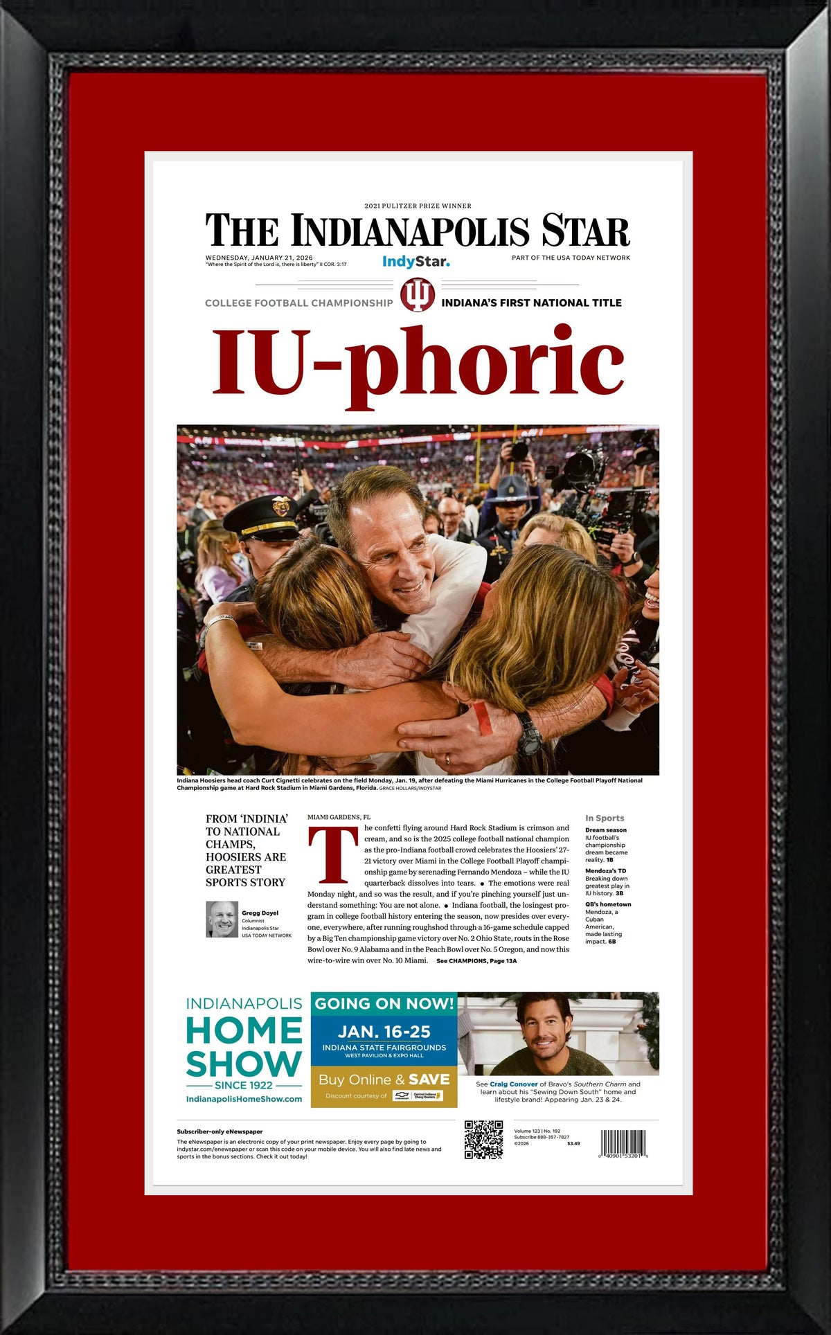 Indiana Hoosiers Championship Celebration Original Indianapolis Star Front Page Newspaper Framed 14x26 (ships late February)-Powers Sports Memorabilia