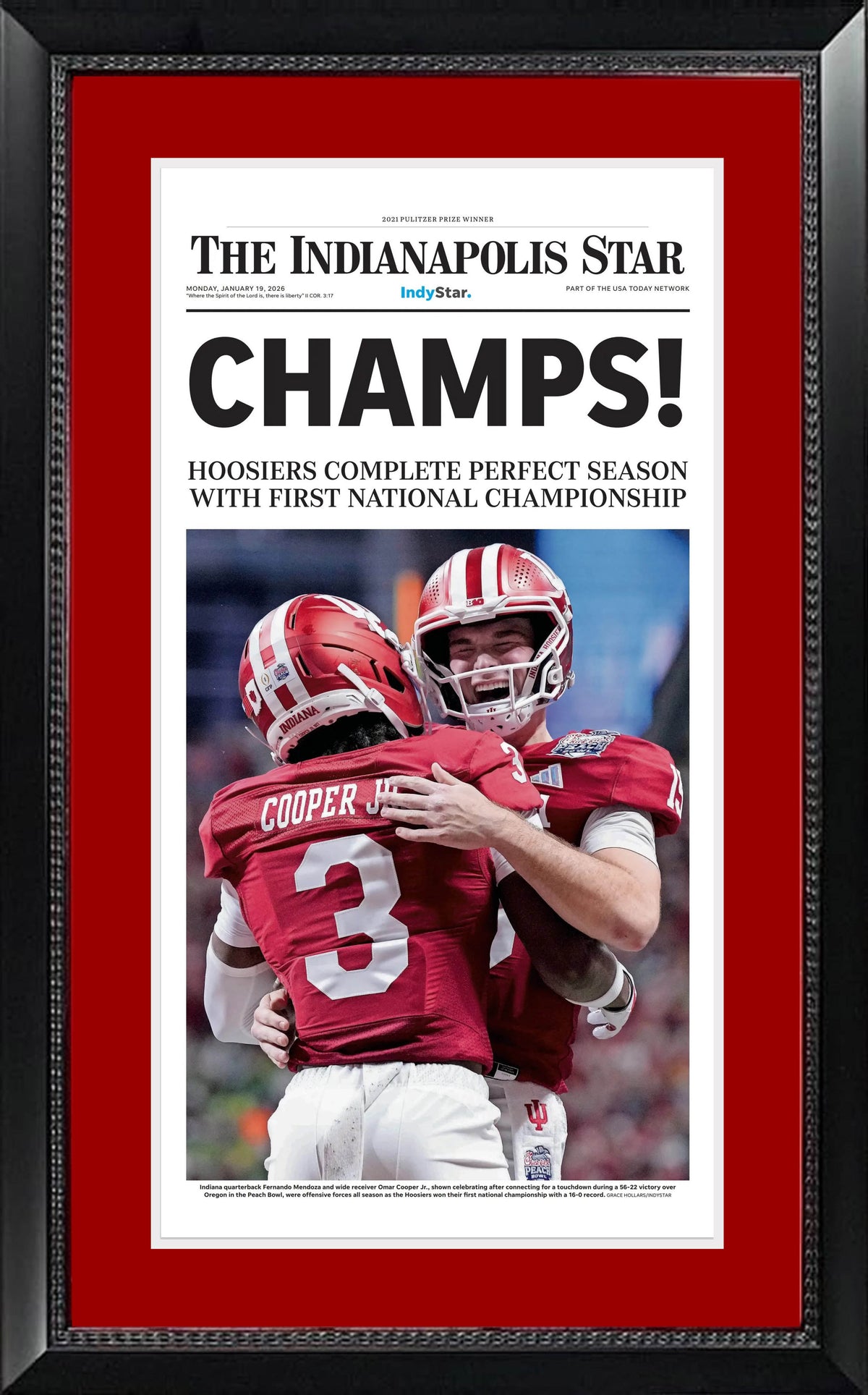 Indiana Hoosiers National Champions Original Newspaper Front Page Framed 14x26 (ships late February)-Powers Sports Memorabilia