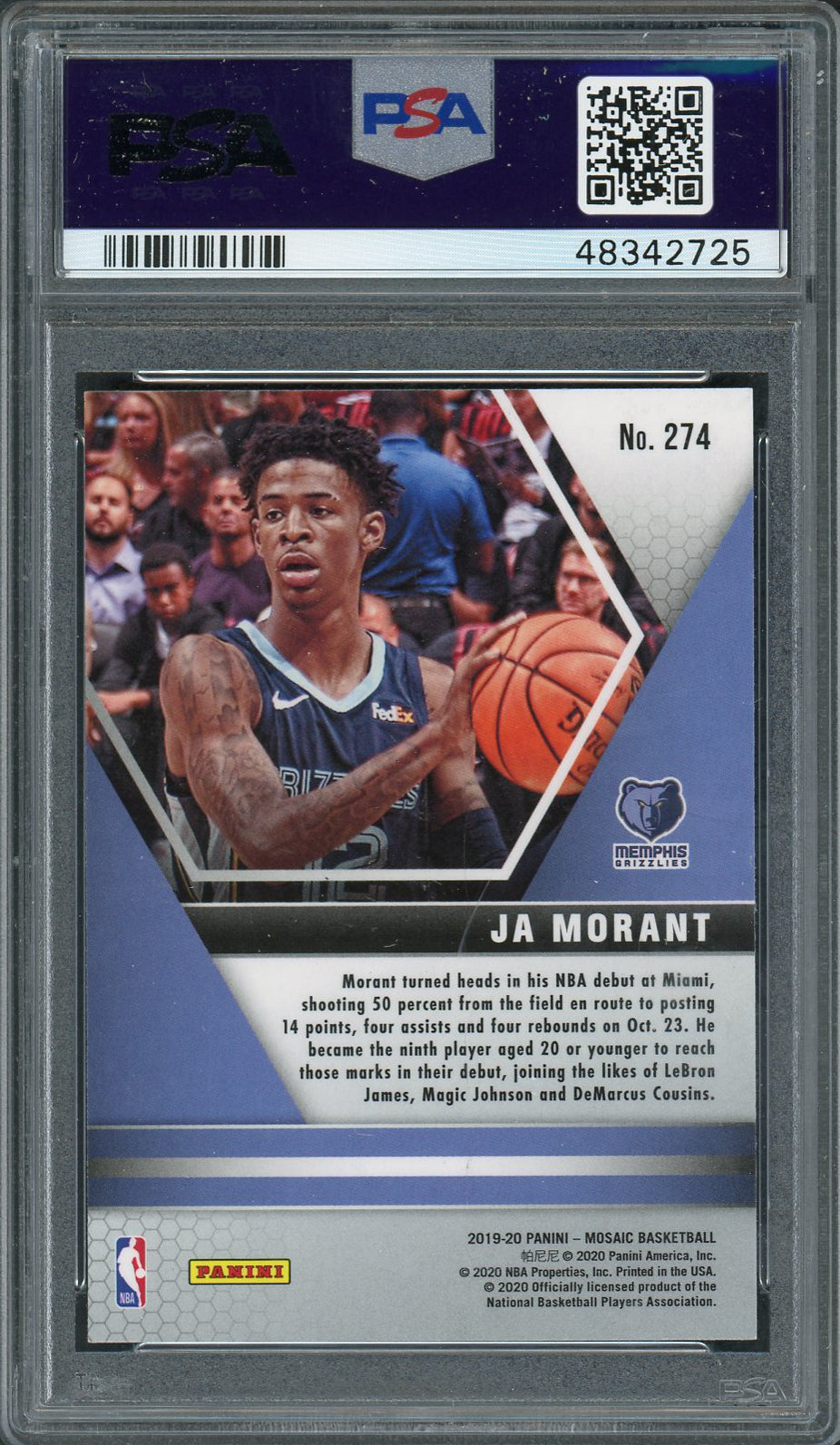 Ja Morant 2019 Panini Mosaic Basketball Rookie Card RC #274 Graded PSA 10-Powers Sports Memorabilia