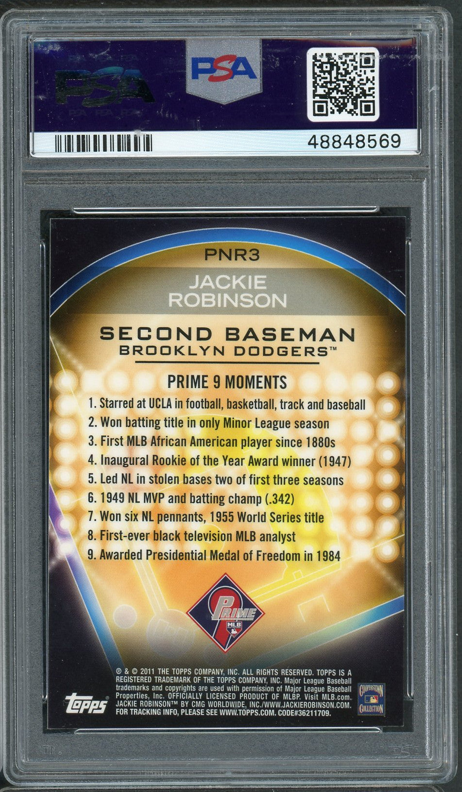 Jackie Robinson Brooklyn Dodgers 2011 Topps Prime Redemption Baseball Card #PNR3 Graded PSA 10 GEM MINT-Powers Sports Memorabilia