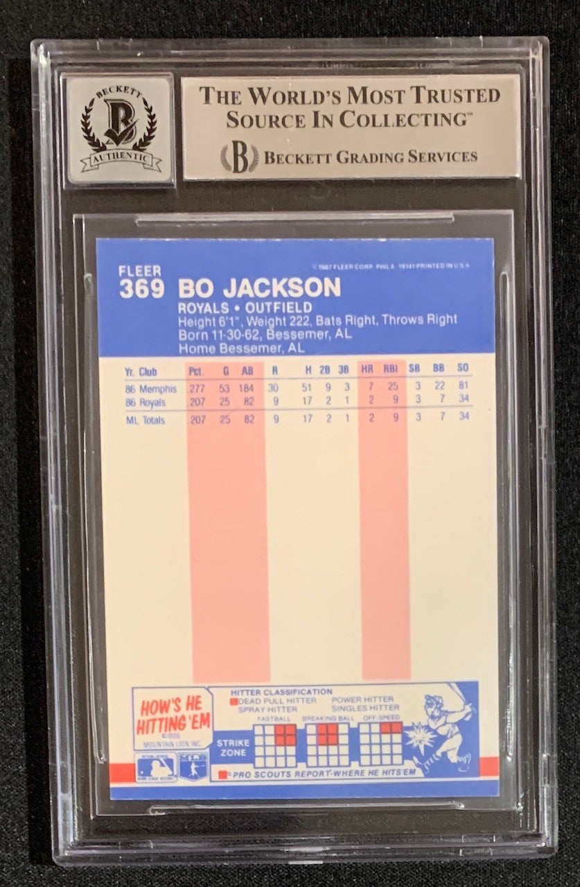 Bo Jackson 1987 Fleer Signed Baseball Rookie Card #369 Auto Graded Beckett 10