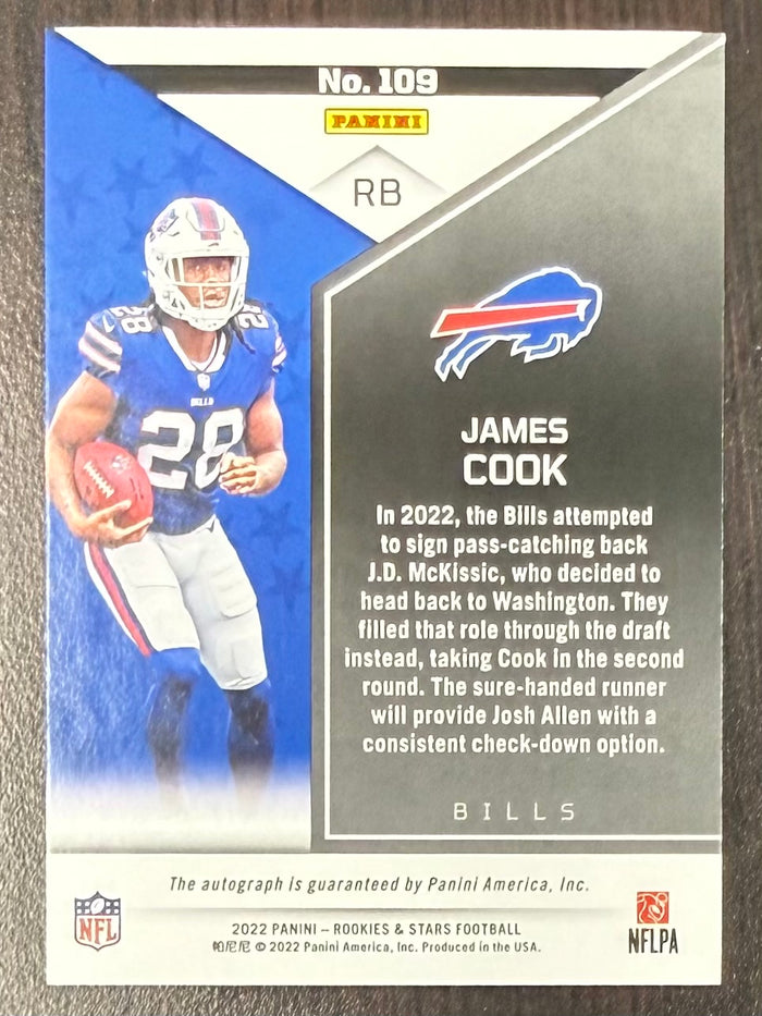 James Cook 2022 Panini Rookies & Stars True Blue Buffalo Bills Signed Football RC Rookie Card #109 Auto #87/99-Powers Sports Memorabilia