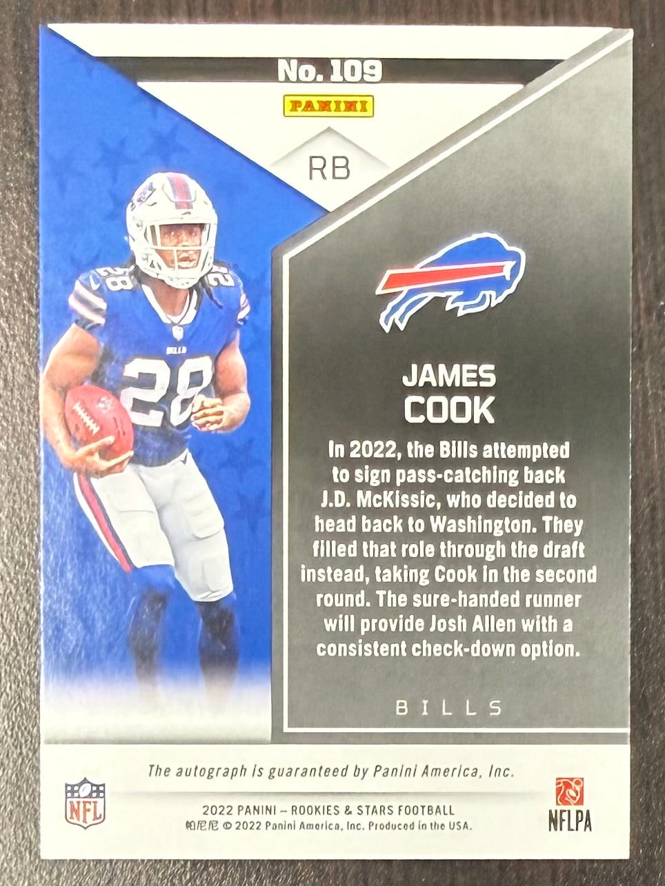 James Cook 2022 Panini Rookies &amp; Stars True Blue Buffalo Bills Signed Football RC Rookie Card #109 Auto #87/99