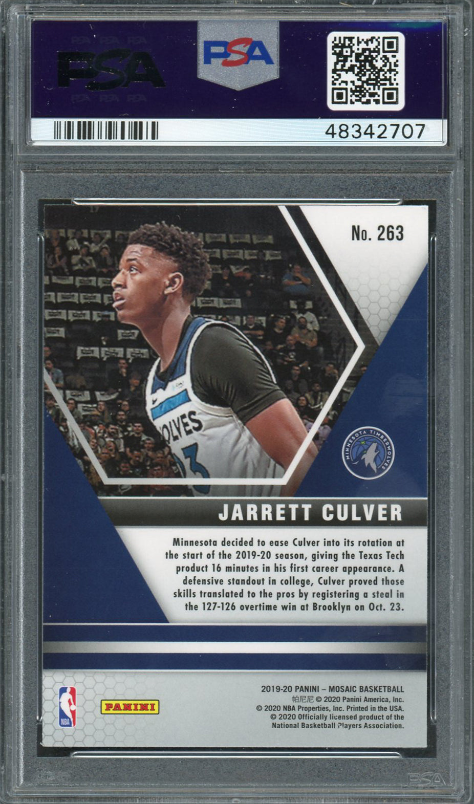 Jarrett Culver Minnesota Timerwolves 2019 Panini Mosaic Basketball Rookie Card RC #263 Graded PSA 10 GEM MINT