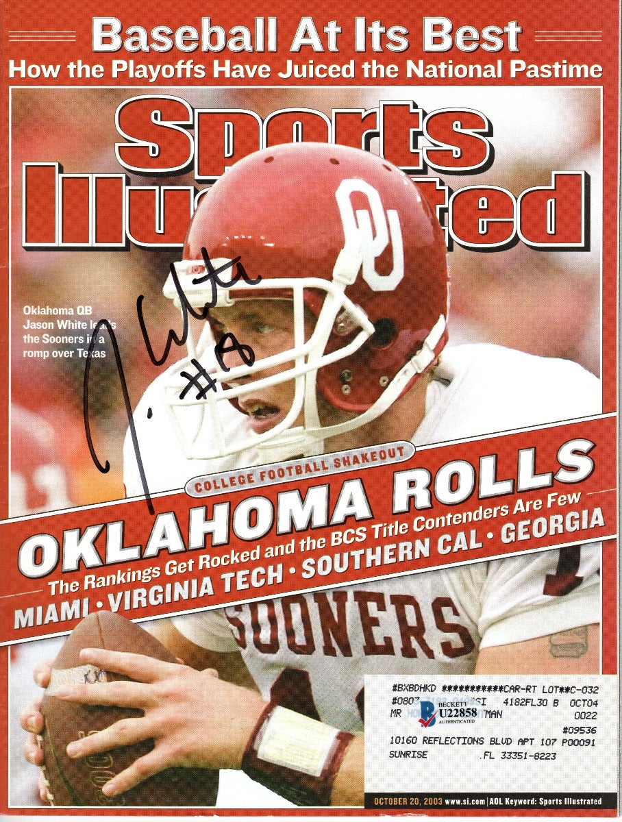 Jason White Autographed Oklahoma Sooners Sports Illustrated 10/20/03 Beckett Authenticated-Powers Sports Memorabilia