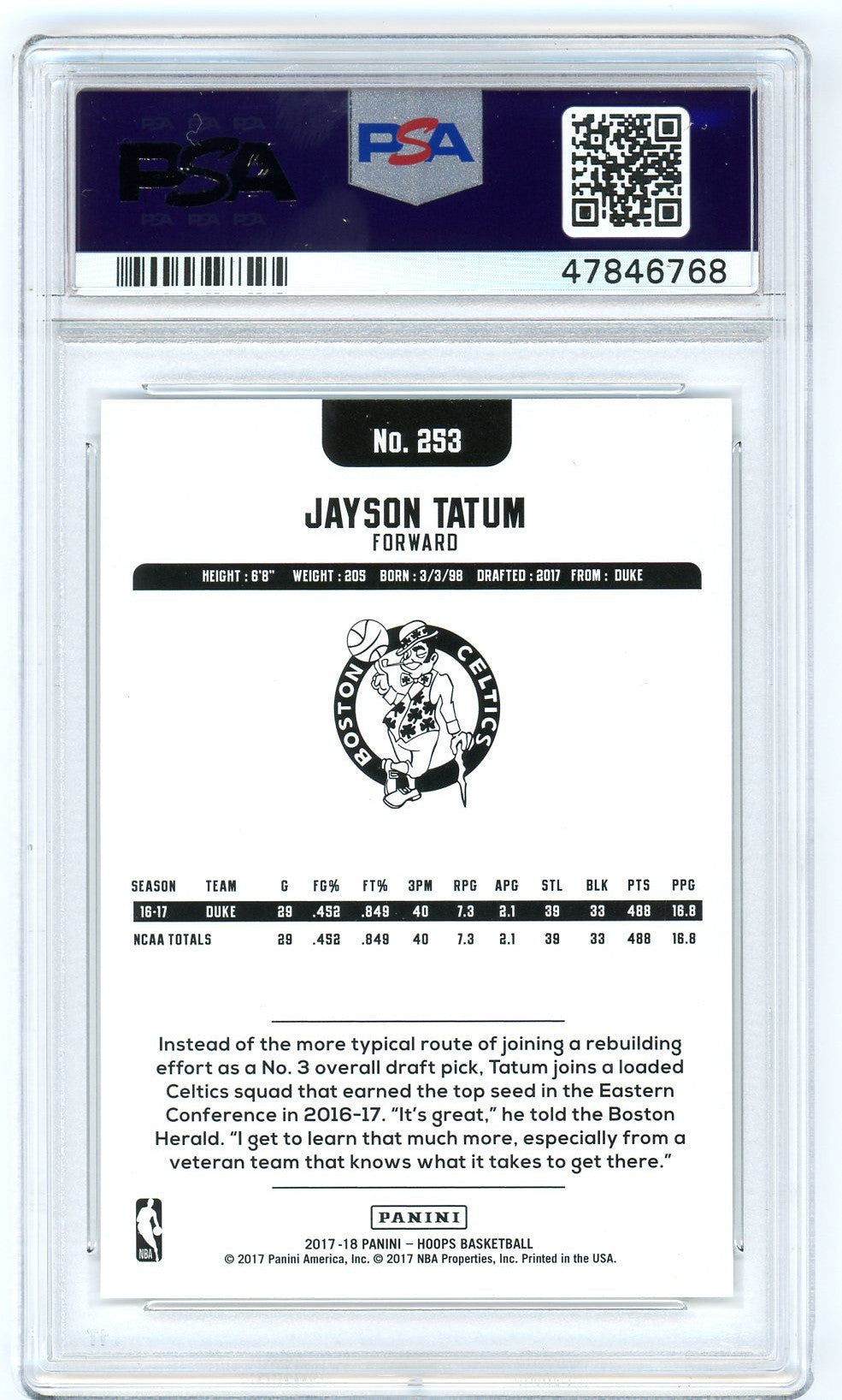 Jayson Tatum 2017-18 Panini Hoops Basketball Rookie Card RC #253 Graded PSA 10 GEM MINT-Powers Sports Memorabilia
