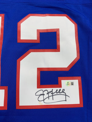 Jim Kelly Autographed Buffalo Bills Signed Mitchell & Ness Football Jersey Beckett COA STAIN-Powers Sports Memorabilia