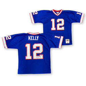 Jim Kelly Autographed Buffalo Bills Signed Mitchell & Ness Football Jersey Beckett COA STAIN-Powers Sports Memorabilia