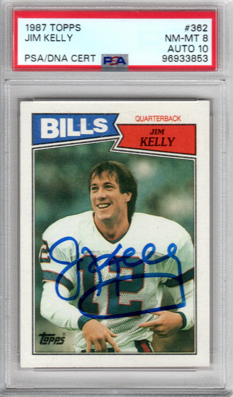 Jim Kelly Signed Buffalo Bills 1987 Topps #362 Rookie Card PSA Graded NM-MT 8 AUTO 10-Powers Sports Memorabilia
