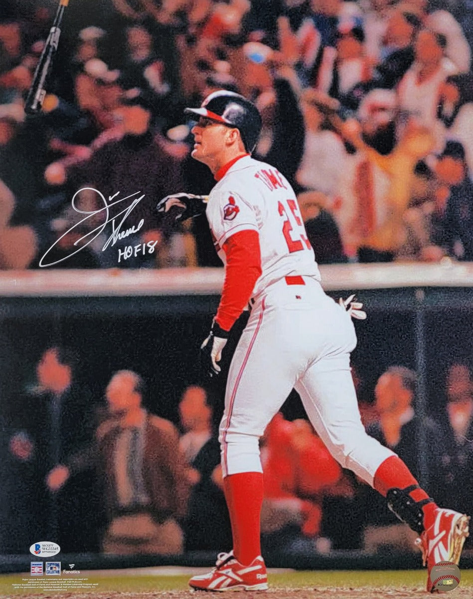 Jim Thome Autographed Cleveland Indians Bat Flip 16x20 Photo W/ HOF 18 Beckett Witnessed-Powers Sports Memorabilia