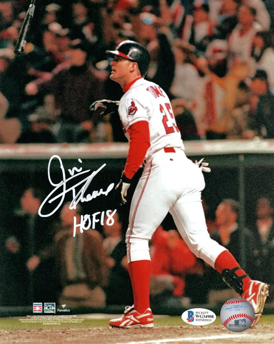 Jim Thome Autographed Cleveland Indians Bat Flip 8x10 Photo W/ HOF 18 Beckett Witnessed-Powers Sports Memorabilia