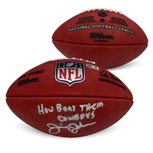 Jimmy Johnson Autographed NFL Duke Authentic Game Signed Football HOW BOUT THEM COWBOYS Beckett COA-Powers Sports Memorabilia