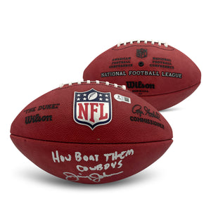 Jimmy Johnson Autographed NFL Duke Authentic Game Signed Football HOW BOUT THEM COWBOYS Beckett COA-Powers Sports Memorabilia