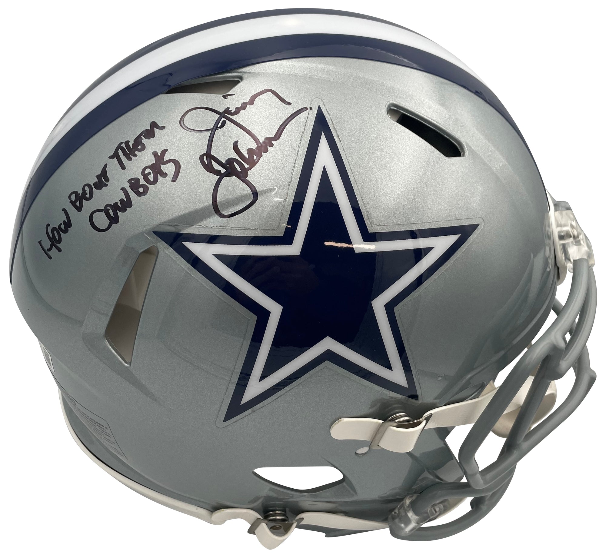 Jimmy Johnson Autographed Dallas Cowboys Signed Full Size Authentic Football Helmet HOW BOUT THEM COWBOYS Beckett COA-Powers Sports Memorabilia