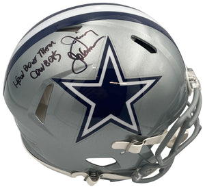 Jimmy Johnson Autographed Dallas Cowboys Signed Full Size Authentic Football Helmet HOW BOUT THEM COWBOYS Beckett COA-Powers Sports Memorabilia