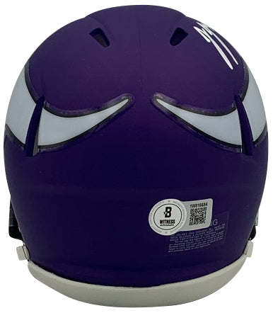 JJ McCarthy Autographed Minnesota Vikings Signed Mini Football Helmet Beckett COA-Powers Sports Memorabilia
