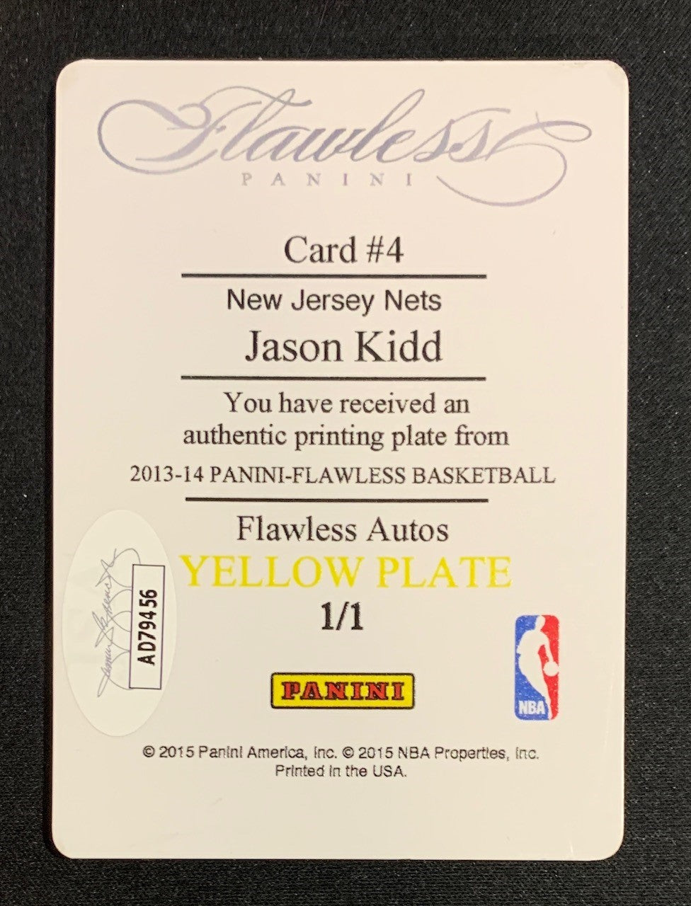 Jason Kidd 2013 Panini Flawless Signed Basketball Card Printing Plate Auto JSA COA 1/1