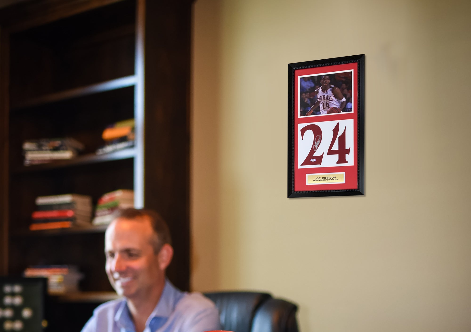 Joe Johnson Autographed Arkansas Razorbacks Signed Basketball Jersey Number 14x26 Framed Photo Display PSA DNA COA-Powers Sports Memorabilia