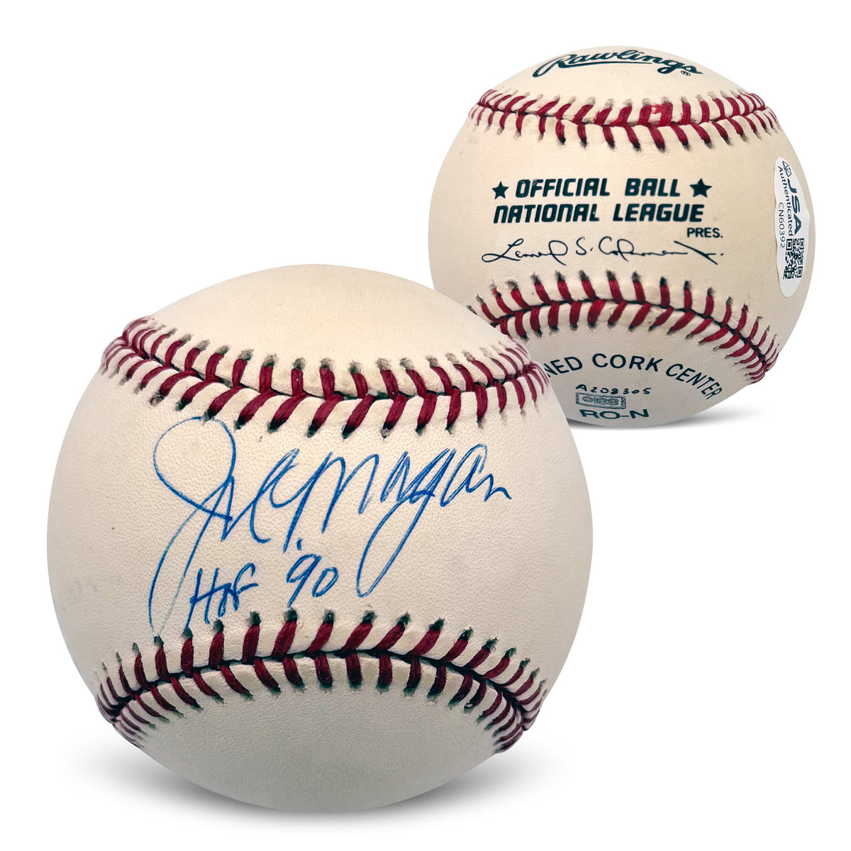Joe Morgan Autographed Cincinnati Reds Hall of Fame HOF 90 Signed National League Baseball With UV Display Case JSA COA CN60392
