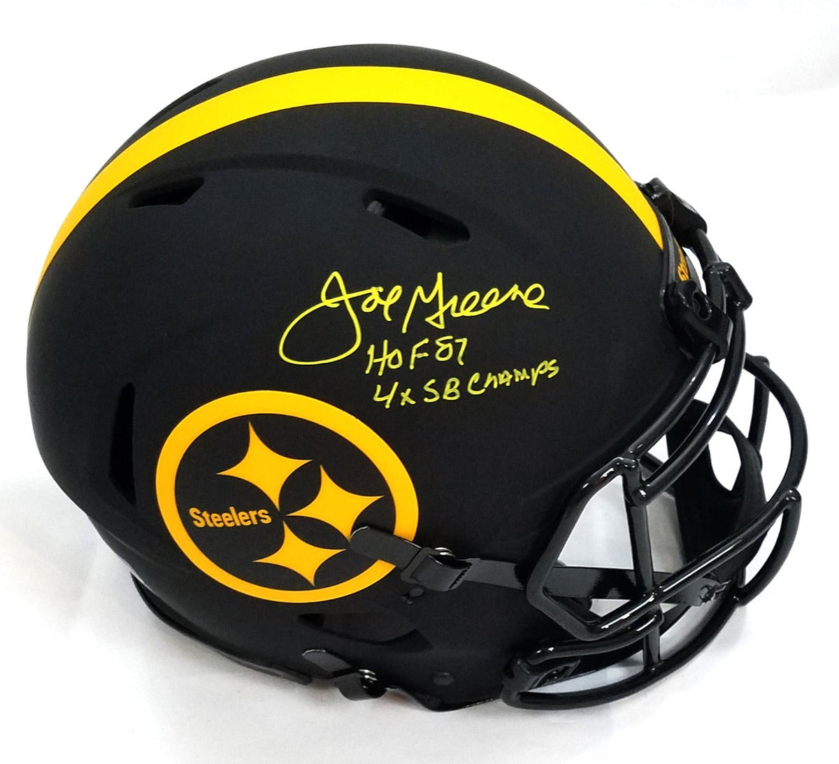 Joe Greene Autographed Pittsburgh Steelers Riddell Authentic Eclipse Helmet W/ HOF 87 & 4X SB Champs Beckett Witnessed-Powers Sports Memorabilia