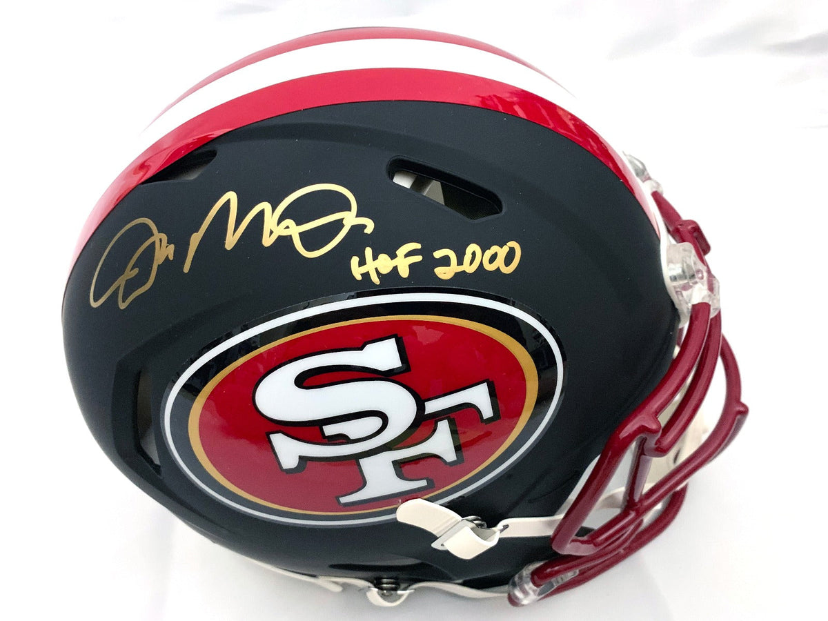 Joe Montana Signed San Francisco 49ers Riddell Matte Black Speed Authentic Full Size Helmet W/HOF 2000 Beckett Witness Gold Paint-Powers Sports Memorabilia