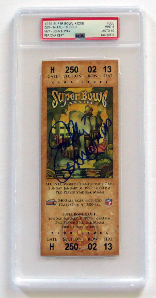 John Elway Autographed Denver Broncos Super Bowl XXXIII Encapsulated Ticket W/SB XXXIII MVP PSA/DNA Graded MINT 9 AUTO 10-Powers Sports Memorabilia