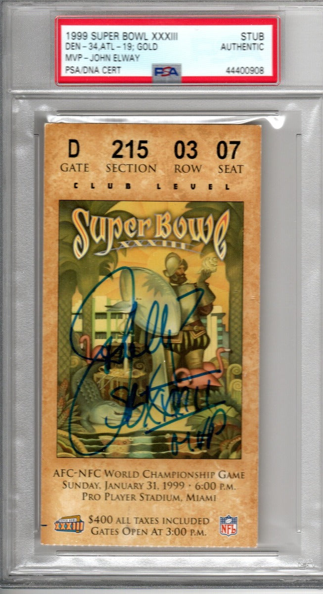 John Elway Autographed Denver Broncos Super Bowl XXXIII Encapsulated Ticket W/SB XXXIII MVP PSA/DNA Stub Gold-Powers Sports Memorabilia