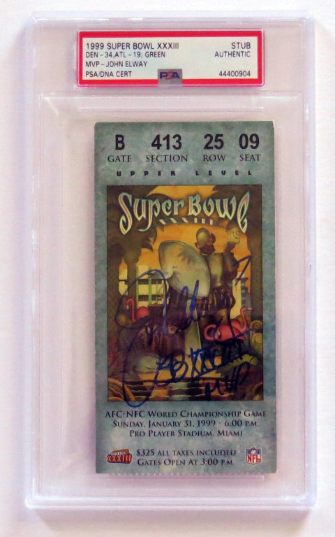 John Elway Autographed Denver Broncos Super Bowl XXXIII Encapsulated Ticket W/SB XXXIII MVP PSA/DNA Stub Green-Powers Sports Memorabilia