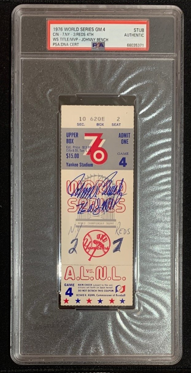 Johnny Bench Autographed 1976 World Series MVP Game 4 Signed Baseball Ticket Stub Fanatics PSA DNA COA 66035371-Powers Sports Memorabilia