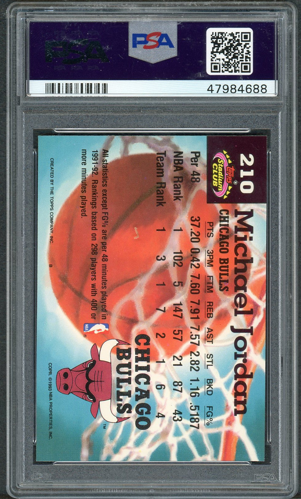 Michael Jordan 1992 Topps Stadium Club Basketball Card #210 Graded PSA 9 MINT-Powers Sports Memorabilia