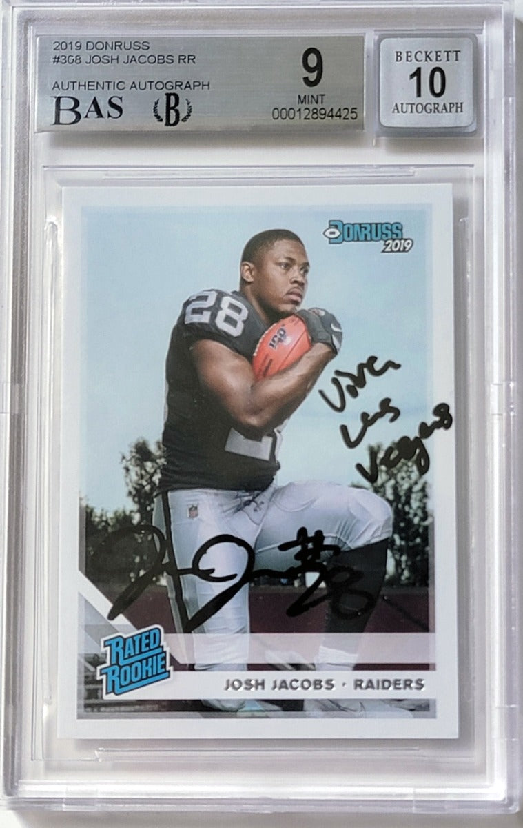 Josh Jacobs Autographed Oakland Raiders Encapsulated 2019 Donruss Rated Rookie Card W/ Viva Las Vegas MINT 9 AUTO 10 Beckett Authenticated-Powers Sports Memorabilia