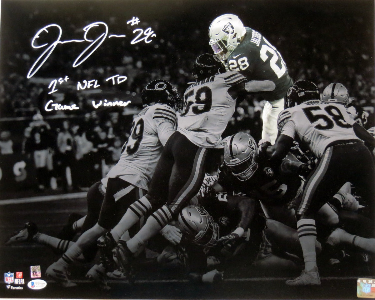 Josh Jacobs Autographed Oakland Las Vegas Raiders Spotlight 16x20 W/ 1st NFL TD Game Winner Beckett Witnessed-Powers Sports Memorabilia
