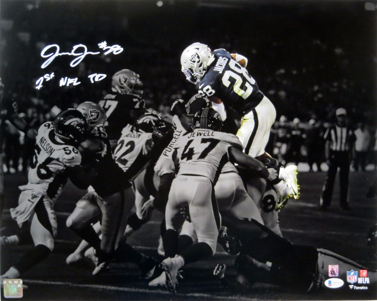Josh Jacobs Autographed Oakland Las Vegas Raiders Spotlight 16x20 W/ 1st NFL TD Beckett Witnessed-Powers Sports Memorabilia
